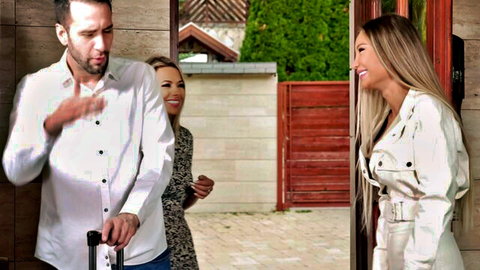 Two smiling blondes in tight outfits greet handsome man with suitcase at apartment gate