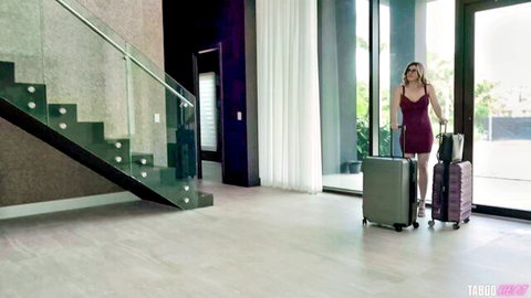 Cory Chase in tight red dress pulling luggage, blonde MILF in luxurious home