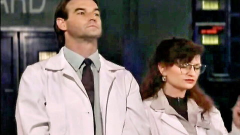 Vintage doctor and brunette assistant in lab coats, medical roleplay