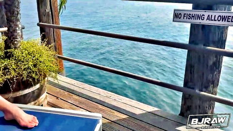 Rachael Cavalli teaser on sunny pier with no fishing sign in BJ Raw