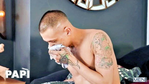 Tattooed muscular buzzcut hunk wipes sweat off face after intense gay fuck