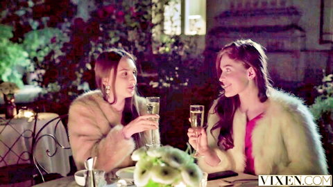 Lena Reif & Jia Lissa in fur coats toasting seductively