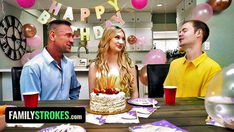 Blonde teen stepdaughter smiles at birthday cake with DILF stepdad and stepbro in taboo setup