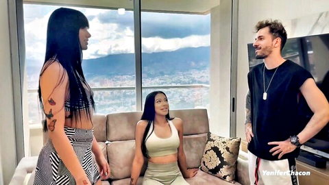 Two sexy Latinas and trainer in teasing balcony threesome preview