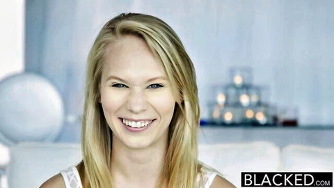 Blonde star Dakota James smiling in white top for Blacked interracial debut