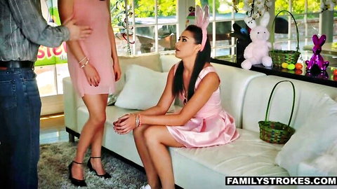 Avi Love in sexy pink Easter bunny dress, surprised by man on sofa
