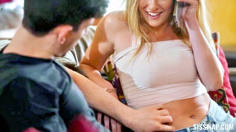 Myra Moans in white crop top and jeans, teased by stepbro in POV