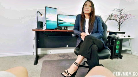 Ivy Ireland in blue blazer and heels, sitting poised for anal fun