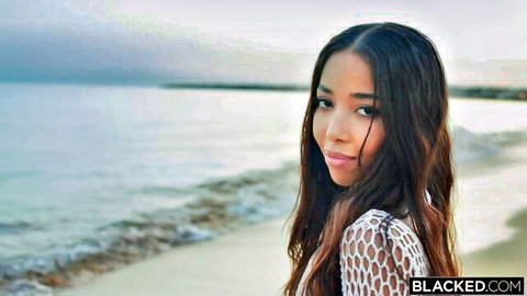 Lia Lin on tropical beach in sexy white lace top, teasing POV threesome