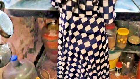 Mumbai Ashu bent over in checkered dress, exposing curvy ass in kitchen