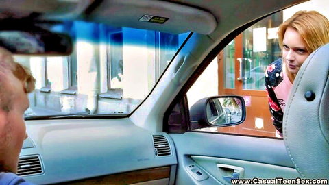 Hot blonde teen Sue leans into car for steamy encounter, Casual Teen Sex