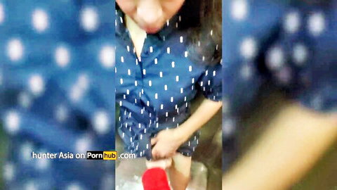 Hunter Asia in blue dress seducing with toy in elevator