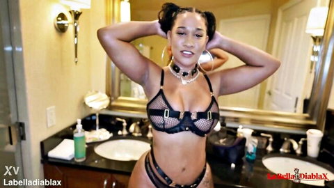 LaBellaDiablaX posing in black lace lingerie, curvy ebony beauty
