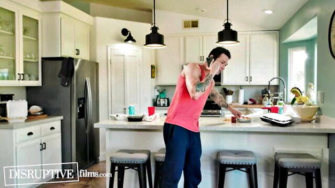Jayden Marcos and Calvin Banks in casual kitchen cooking gay porn scene