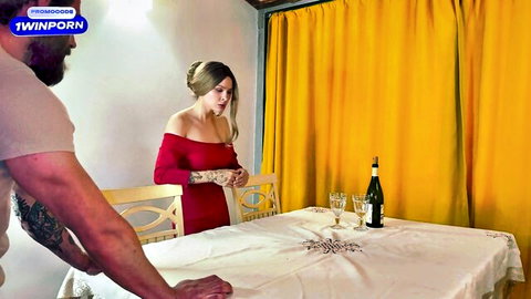 Alexa Posh Spice in red off-shoulder dress seducing stepson at table