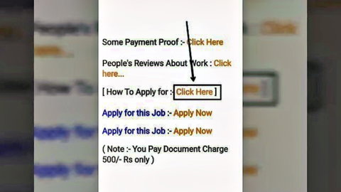 Screenshot of scam job page with fake payment proof reviews and apply now buttons demanding 500 Rs fee