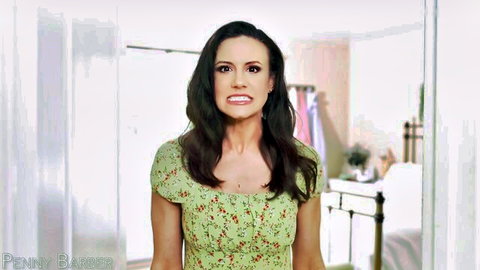 Penny Barber in floral green dress, intense gaze, teasing big ass POV scene