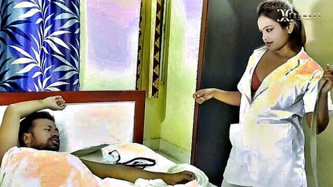 Sexy Indian nurse in open uniform examines shirtless patient on bed during steamy medical roleplay