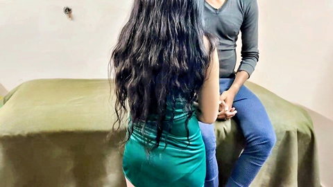 Curvy Indian step-mom in tight green dress with step-son in threesome tease