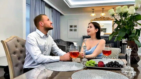 Young couple toasting rosé wine at romantic dinner with her cleavage spilling out before creampie fuck