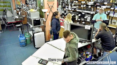 Florane Russell big tits tease in Czech pawn shop group scene