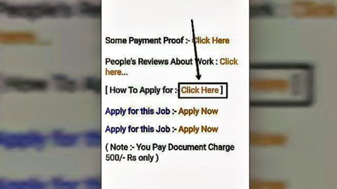 Scam job ad with payment proof clicks, reviews, apply now button and 500 Rs document charge note