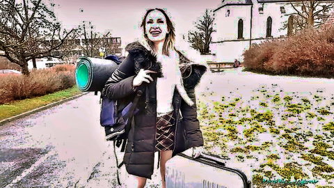 Blonde woman smiling outdoors in fur jacket and plaid skirt with backpack