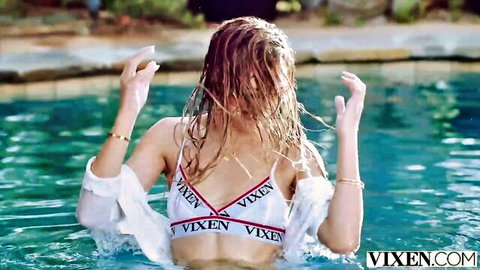 Alina Lopez in wet white shirt and red Vixen bikini by pool