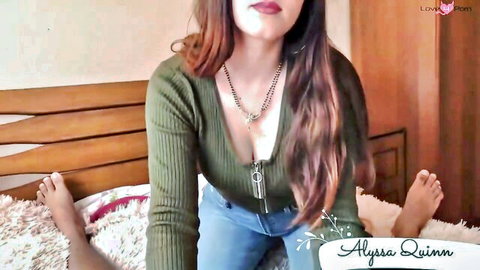 Curvy fair-skinned brunette Alyssa Quinn teasing huge tits cleavage and bare feet on bed