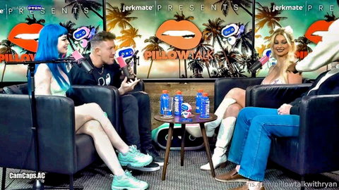 Blue-haired babe spreads legs with blonde hottie on Jerkmate Pillow Talk podcast panel