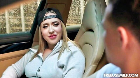 Carmela Clutch in car tease, blonde MILF in hoodie and cap