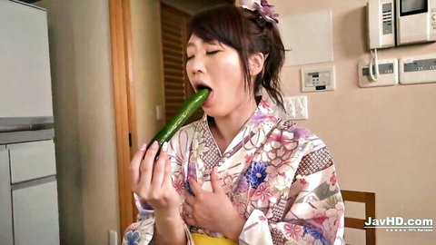 Ryouka Shinoda in floral kimono suggestively sucking cucumber JAV