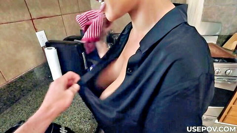 Bridgette B exposes massive tits in steamy POV kitchen tease