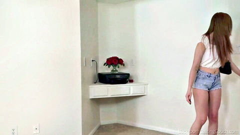 Harley as Twin Peaks waitress in tight denim shorts, backroom casting couch tease