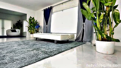 Empty Net Video Girls casting room with white couch, blue curtains, plants ready for amateur pussy fucking