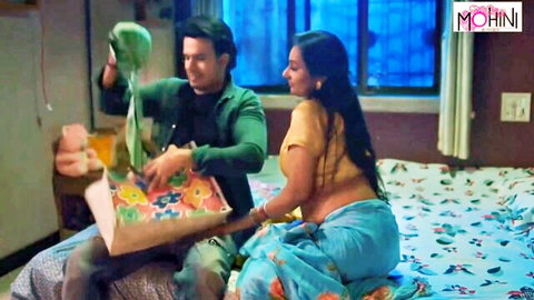 Indian bhabi in blue saree teases twink boyfriend with toys on bed