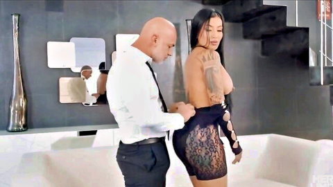 Bald man gropes curvy Latina MILF's exposed big ass in black lace dress