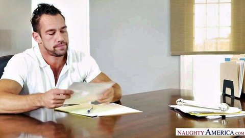 Muscular man in open white shirt reading at desk in Peta Jensen's Naughty America scene