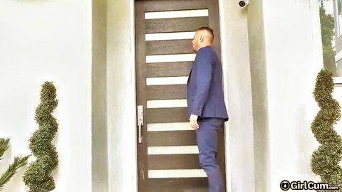 Suited man at door awaits Jessie Saint for climax-filled encounter