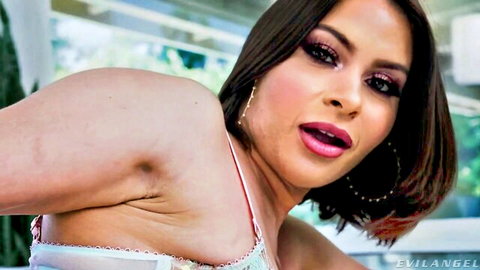 Brunette vixen with glossy pink lips wide open ready for cock sucking in lace lingerie
