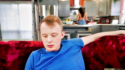 Alyssia Vera as busty MILF stepmom in kitchen, teasing redhead stepson