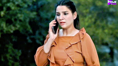 Curvy Indian babe in orange ruffle top on phone, Malkin Bhabi Hindi ep 2