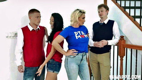Blonde PTA mom in tight jeans poses with two nerdy students and sexy Asian girl in shorts