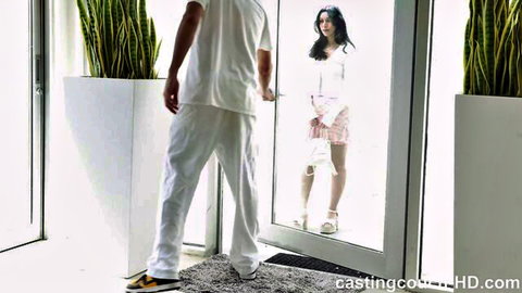 Alexa in pink skirt at casting couch door, POV amateur debut