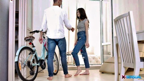 Skinny Euro brunette Ariana Shaine teases barefoot in ripped jeans with Ronny