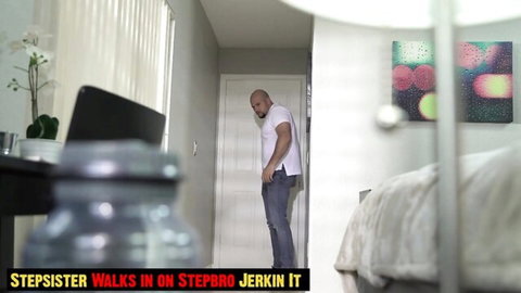 Muscular stepbrother caught jerking in bedroom doorway