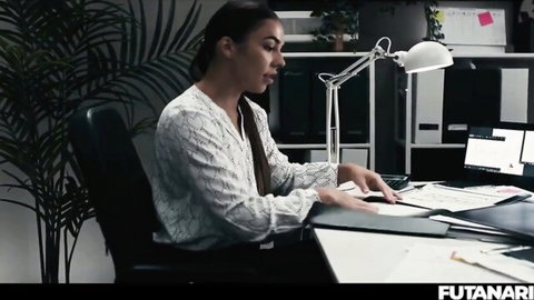 Sexy brunette office babe in white blouse typing at desk in futanari studio