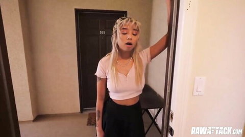 Blonde Gia teasing in white crop top and black skirt, amateur homemade thumbnail
