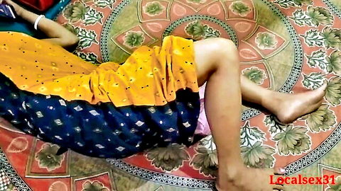 Indian village wife in yellow saree spreading legs, exposing pink panties