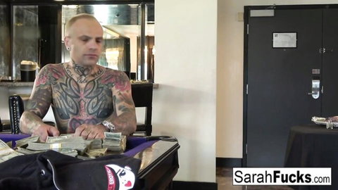 Tattooed bald hunk with cash, teasing rough sex with busty blonde